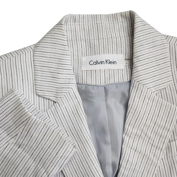 Calvin Klein Womens Blazer Size 6 Two Button White Pin Stripe Career Office Work - Picture 7 of 11